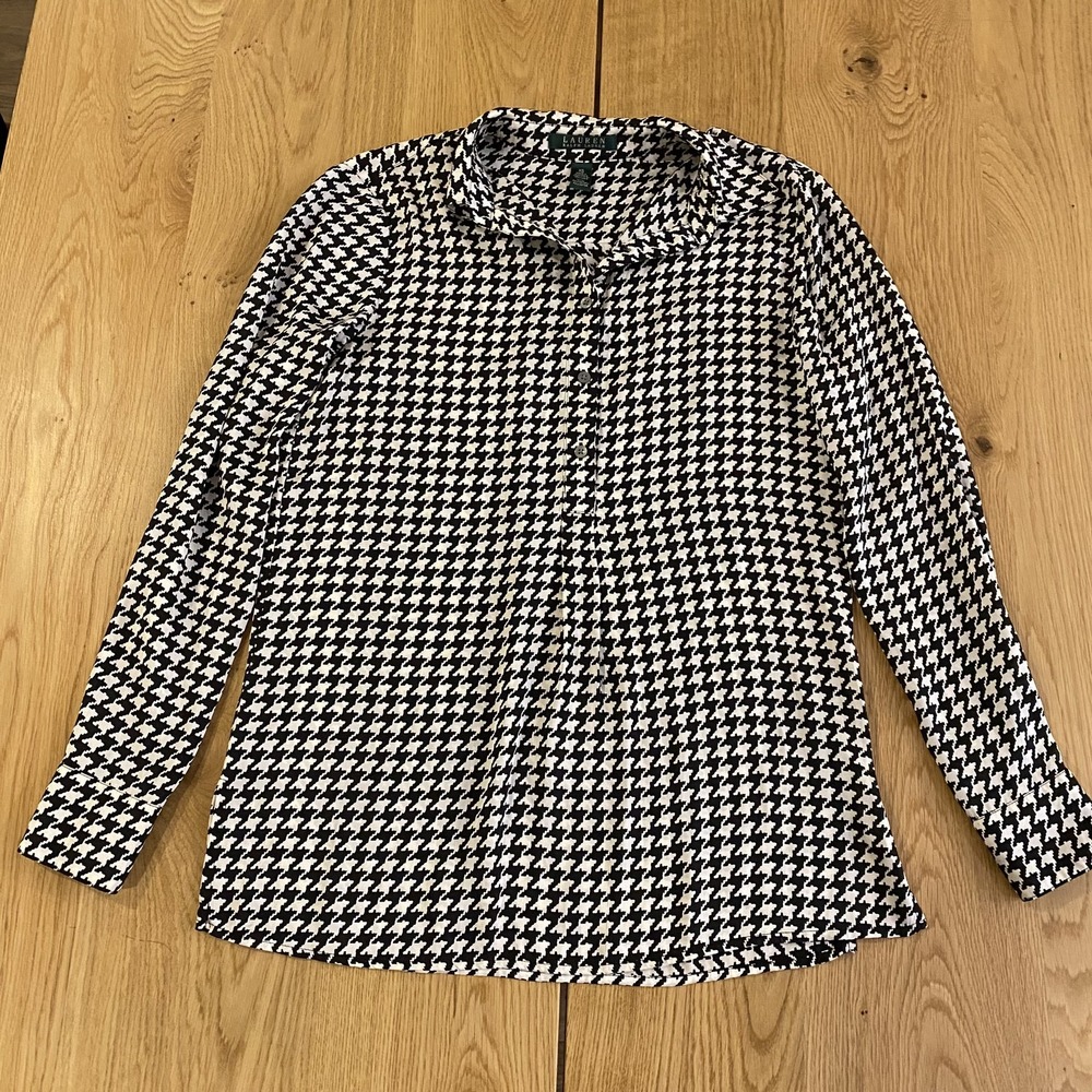 Lauren Ralph Lauren  VTG Houndstooth Blouse Women's XS Black White long sleeve